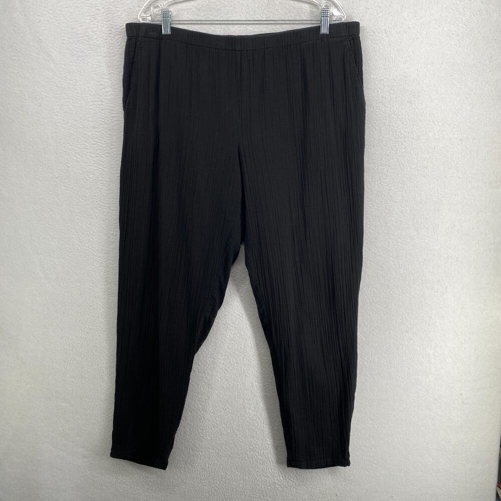 EILEEN FISHER Pants L Organic Cotton Crinkle Gauze Tapered Ankle Pull On Black